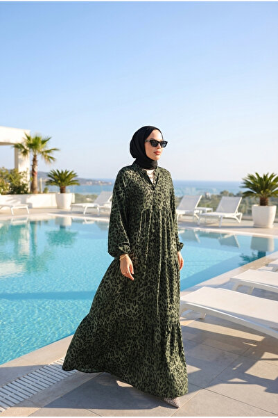 Kirazca Butik Γυναικείο μακρύ φόρεμα Βισκόζη Λεοπάρ μοτίβο τεμαχίων, χαλαρό, ...