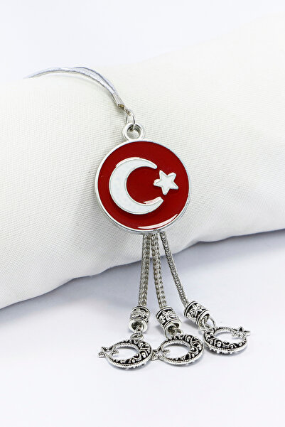 biuti Metal Üç Püsküllü Dikiz Ayna Süsü, Metal Kırmızı Türk Bayrağı Araba Dekoru