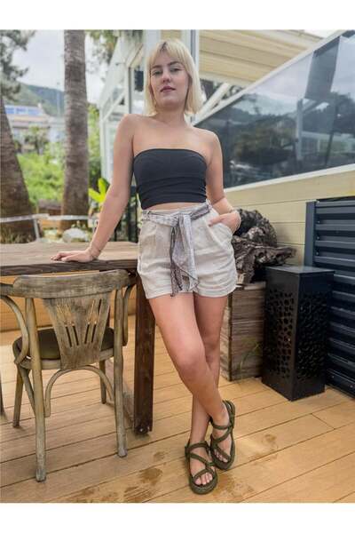Miss Boheme Cream Color Scarf Belted Linen Shorts