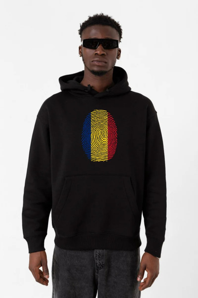 Tshirthane Ρουμανία Fingerprint Μαύρο Ανδρικό Φούτερ με Κουκούλα 3ip