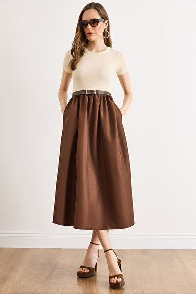 Olalook Γυναικείο μίντι φόρεμα σε μπεζ καφέ χρώμα με τσέπες και ζώνη ELB-1900...