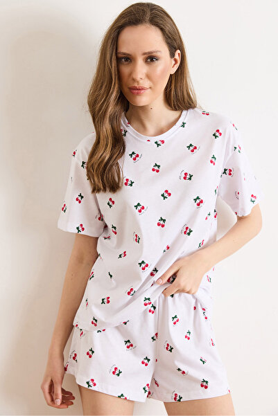 Olalook Γυναικεία πιτζάμα σε λευκό χρώμα κερασί, 100% βαμβακερό σορτς PJM-000...