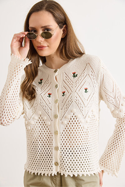 Olalook Women's White Embroidered Patch Boho Seasonal Cardigan Hrk-19000492