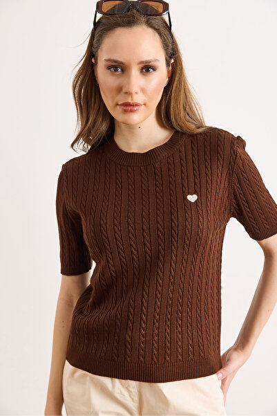 Olalook Γυναικεία Μπλούζα Πλεκτή Εποχιακή με Κεντημένη Καρδιά σε Καφέ Χρώμα, ...