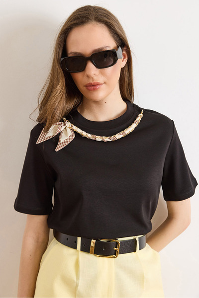 Olalook Women's Black Scarf Chain Decorated Buckle Cotton Blouse Blz-19003286