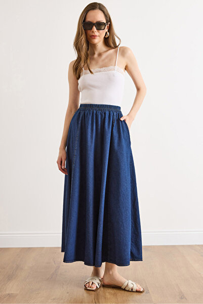 Olalook Γυναικεία Σκούρα Μπλε Τζιν Μάξι Φούστα Καμπάνα με Τσέπες ETK-19000410