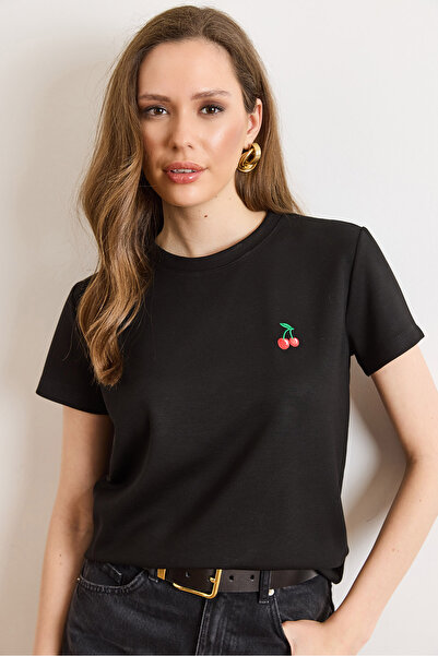 Olalook Γυναικείο Μαύρο Πλεκτό Μπλουζάκι με Κέντημα Κεράσια TSH-19000976