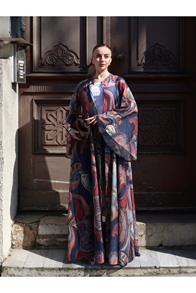 Ranasubaşı Patterned Wide Sleeve Abaya Blue