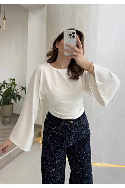 Perry Boutique Women's Ecru Gathered Waist Spanish Sleeve Blouse