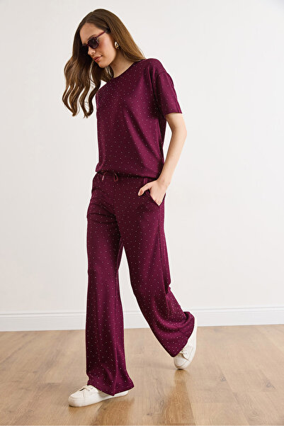 Olalook Women's Burgundy Sequin Detailed Modal Buttoned Top and Bottom Set Tk...