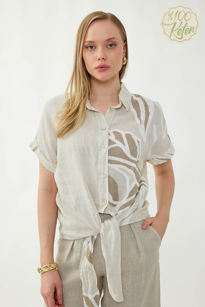 Vitrin 100% Linen Tie-Front Single-Sided Floral Pattern Short Sleeve Shirt