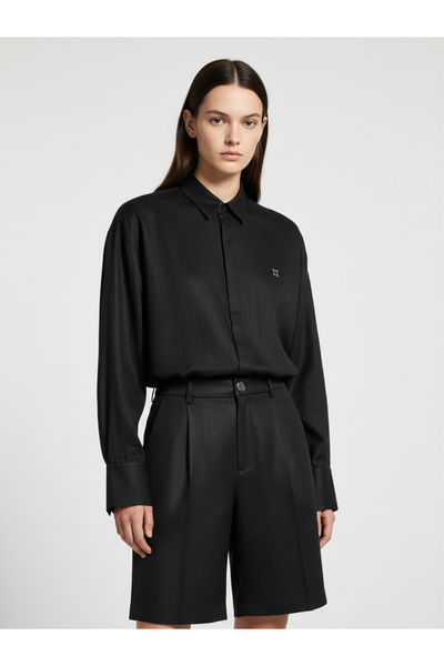 Xint Kadın Siyah %100 Keten Oversize Gömlek