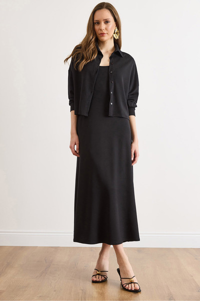 Olalook Women's Black Top Shirt Inner Dress Flowy Set Tkm-19000479