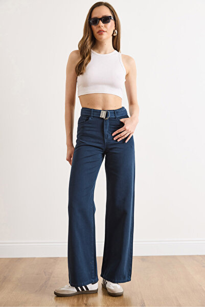 Olalook Γυναικείο παντελόνι γαμπαρντίνα σε μπλε ναυτικό χρώμα, με ζώνη και φα...