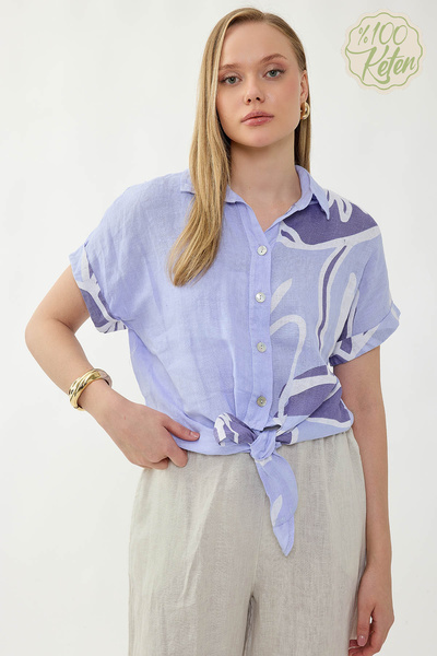 Vitrin 100% Linen Tie-Front Single-Sided Floral Pattern Short Sleeve Shirt