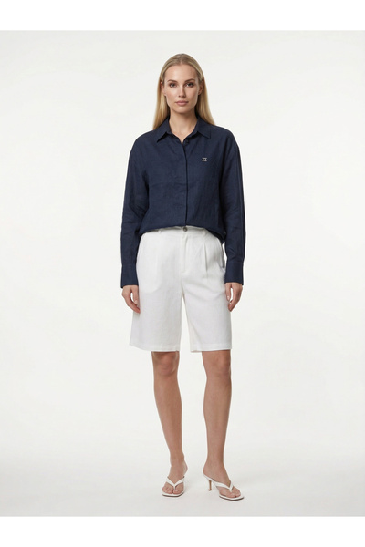 Xint Kadın Lacivert %100 Keten Oversize Gömlek