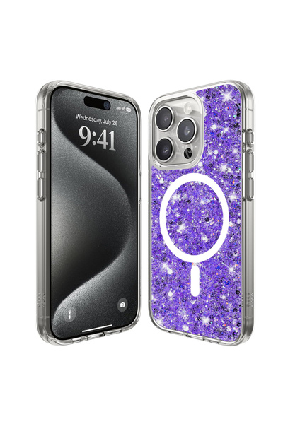 Stef's Cat Θήκη iPhone 15 Pro, Γάτα της Στεφ, Λαμπερό Γκλίτερ MagSafe, Μωβ