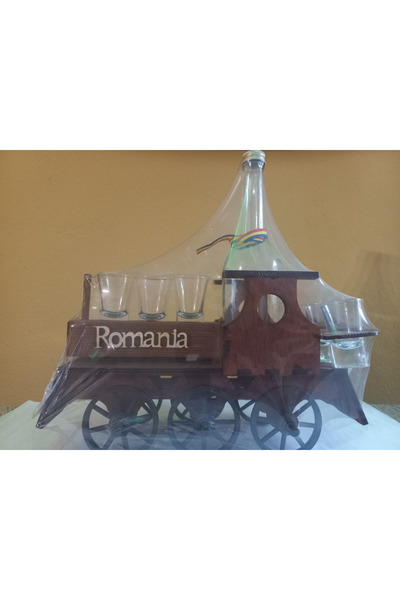 artizanal Μίνι μπαρ, ξύλινη βάση σε σχήμα ατμομηχανής, με μπουκάλι και 6 ποτήρια