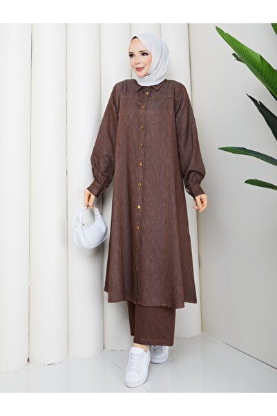 asyadabutik Γυναικείο Μακρύ Πουκάμισο και Παντελόνι Μεγάλου Μεγέθους, Σετ Τζι...