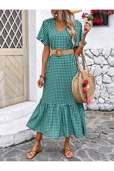 Iuliashop Rochie midi Peigi verde în carouri - S