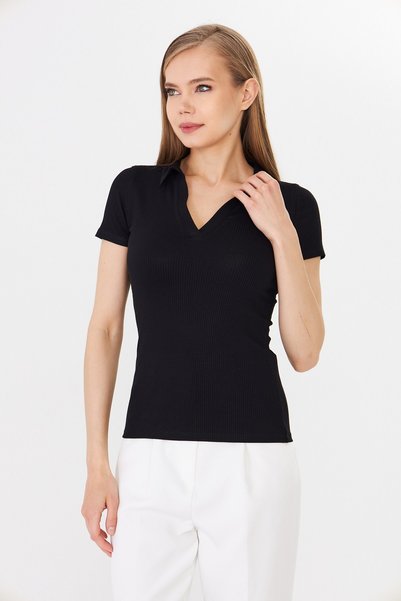 HDM Kadın Siyah Polo Yaka Fitilli Günlük Bluz - H6038