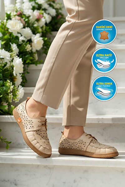 AYAKMOD Beige Genuine Leather Comfortable Sole Flexible Lightweight Women's C...