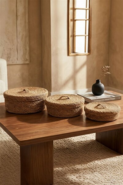 Bayev Ψάθινο σετ καλαθιών οργάνωσης 3 τεμαχίων με καπάκια - Διακοσμητικό σετ ...