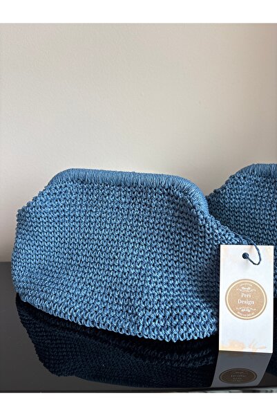 PeriStore Mavi El Örmesi Hasır Portföy El Çantası 25x20cm Astarlı Aynı Gün Ka...
