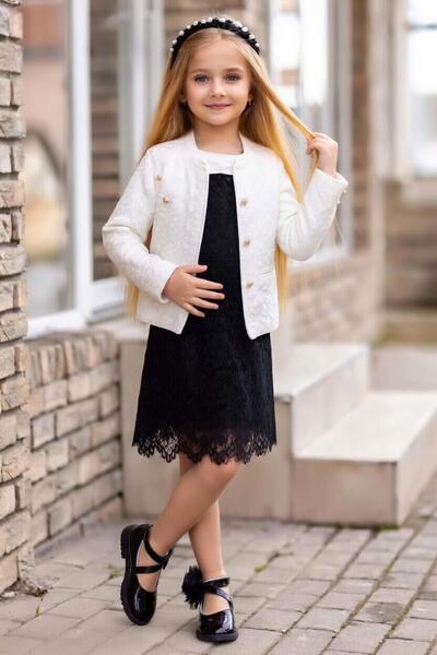 Riccotarz Κοριτσίστικο μπλέιζερ με χρυσά κουμπιά, μαύρο φόρεμα με δαντέλα και...