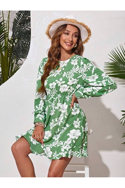 Iuliashop Rochie scurtă verde Tayna cu imprimeu floral alb - M