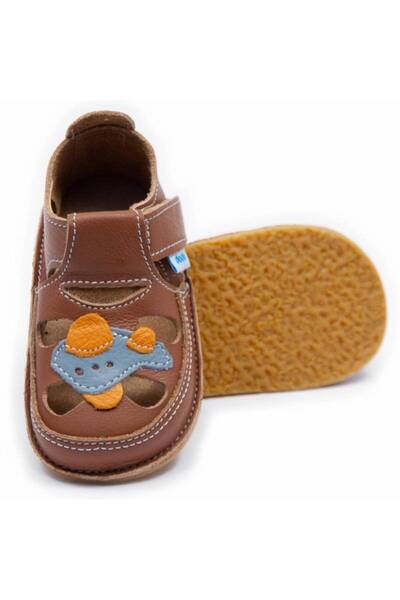 DODO SHOES Sandale copii barefoot Avion, Culoare Camel din piele naturala, ta...