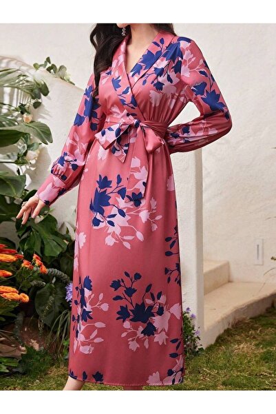 Iuliashop Rochie lungă roz Elionora cu imprimeu cu frunze - M