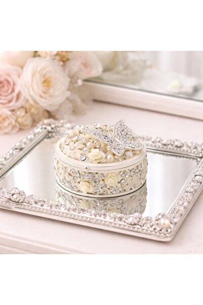 Azay Στρογγυλό Κουτί Δαχτυλιδιού 5 εκ. με Πεταλούδα, Λουλούδια και Στρας – Κο...