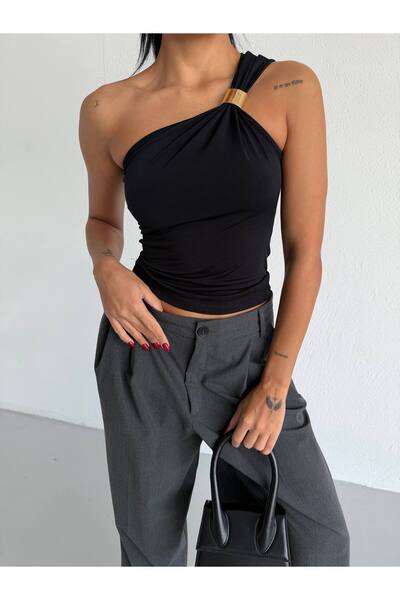 QUTTA Women's Black Single Shoulder Buckle Sleeveless Ottoman Fabric Blouse