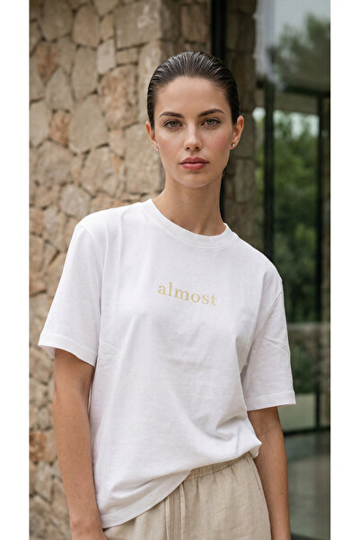 Amia&Co. Women's Brown Oversize T-Shirt with "Almost" Print, Premium Cotton, ...