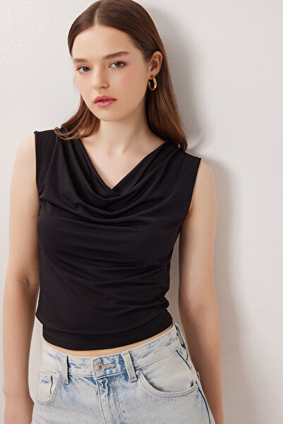 Lovelyİstanbul Πλεκτή Μπλούζα με Γιακά Degaje Sandy LRN0033 ΜΑΥΡΗ