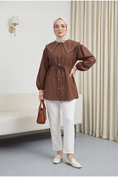 Modamorfo Πουκάμισο με φαρδύ γιακά, πέτρες στο λαιμό, ελαστικά μανίκια και κο...