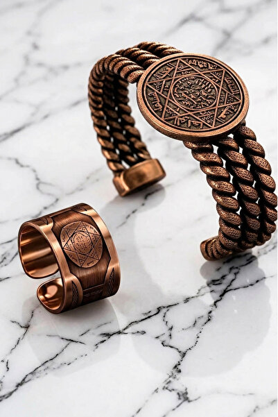 Otto Man Steel Jewelry Erkek Hz. Süleyman Mührü İşlemeli %100 Saf Bakır Bilek...