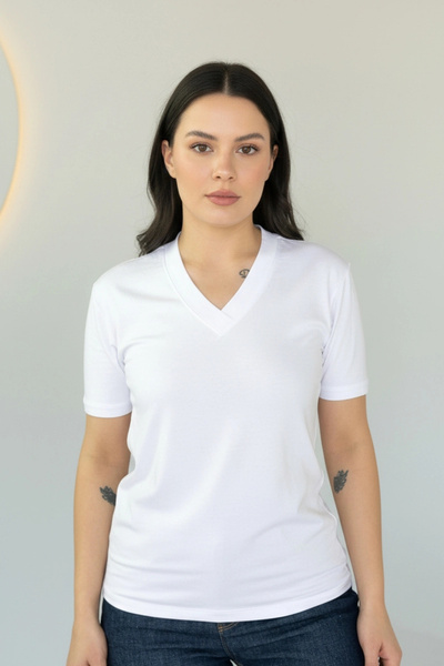 Bİ.GİYSEN Bluză de damă ALBĂ cu decolteu în V, cu mânecă scurtă, din lycra, b...