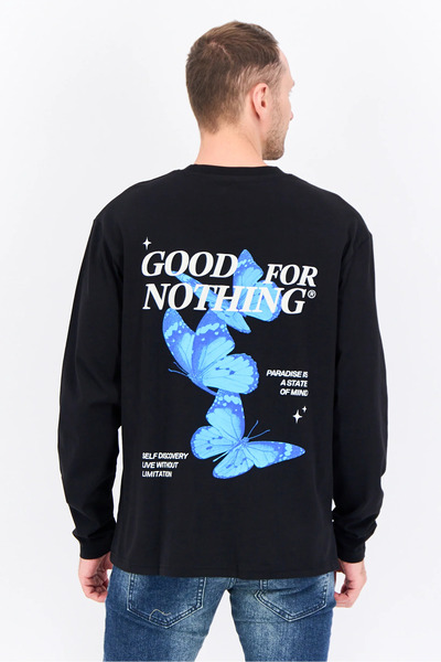 Good For Nothing Men Oversized Crew Neck Long Sleeves Brand Logo T-shirt, Black