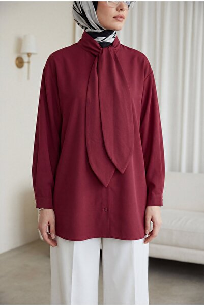 Modamorfo Oversized Poplin Shirt with Tie Collar and Buttons - Burgundy