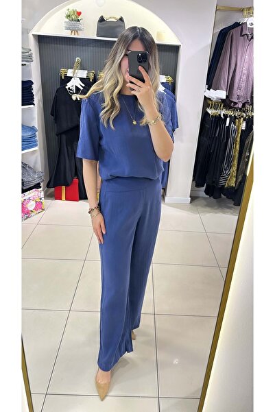 HandeButik KADIN KEMER DETAY MODAL KUMAŞ PANTOLON - PANTALON - MAVİ - S - ST0...