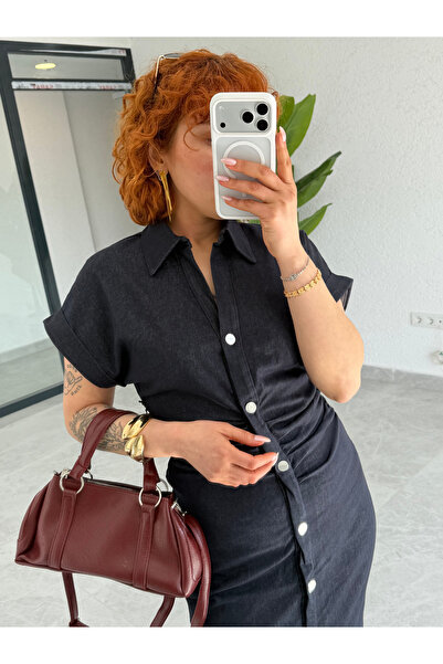 Bak'ap Premium τζιν μάξι φόρεμα με κοντό μανίκι και λεπτομέρεια με χρυσά κουμπιά