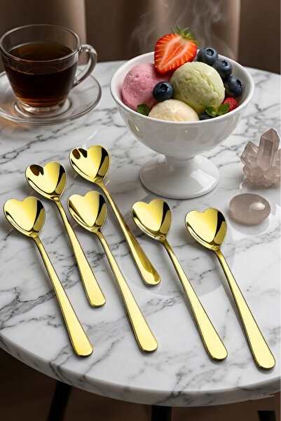 WuuQ Lux - Set of 6 Gold Titanium Heart Model Dessert and Ice Cream Spoons - ...
