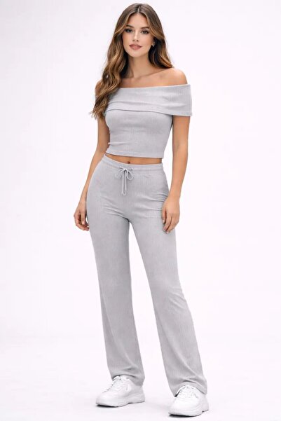 Cool & Sexy Γκρι Σετ Καμιζόλας με Γιακά Μαντόνα – Κομψό και Άνετο Σετ Δύο Τεμ...