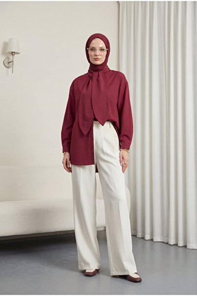 Modamorfo Πουκάμισο ποπλίνα oversize με δεμένο γιακά και κουμπιά - μπορντό