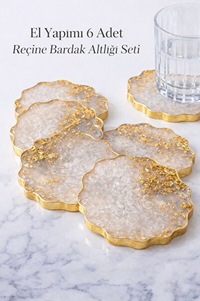ROYAL GİFT 6'lı El Yapımı Epoksi Bardak Altlığı Set – Şeffaf ALTIN Varaklı Re...