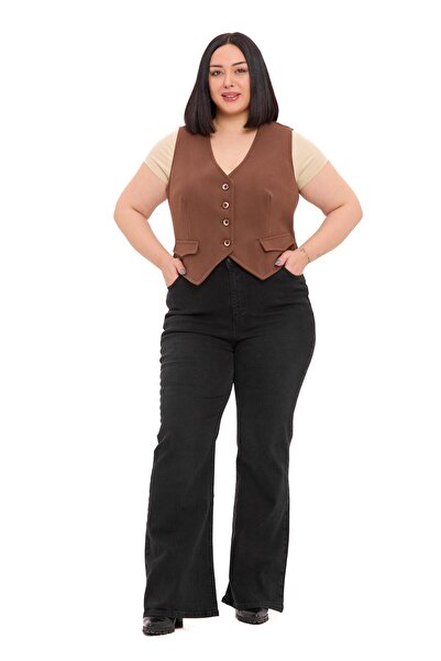 DISENTIS MODEST Κοντό καφέ γιλέκο μεγάλου μεγέθους με κουμπιά, καλύμματα τσέπ...