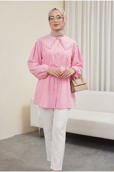 Modamorfo Πουκάμισο με φαρδύ γιακά, πέτρες στον γιακά, ελαστικά μανίκια και κ...