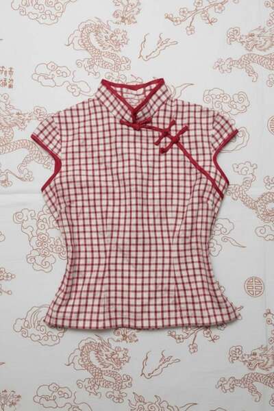 Köstebek Καρό μπλούζα σε στυλ Τσιπάο με γιακά Μανταρίνι, βίντατζ